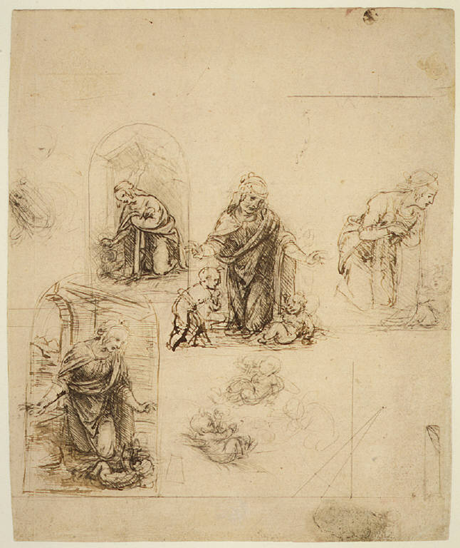 Studies for the Nativity. Verso: Three Geometrical Diagrams and a Caricature of a Head