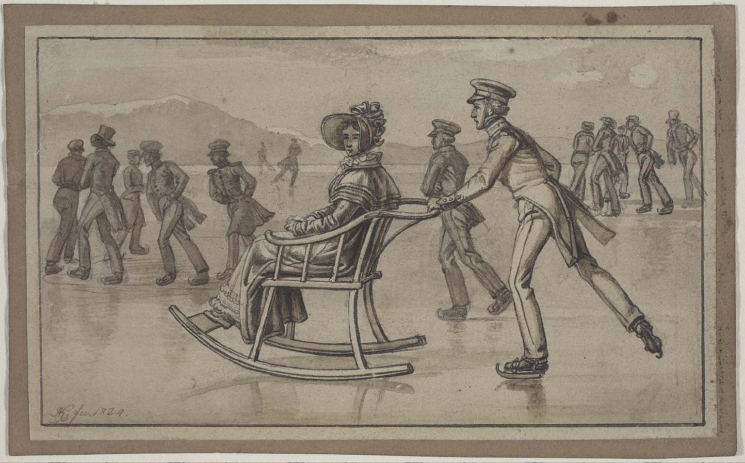 Woman in Sled with an Officer on Skates (Der Eisschlitten)