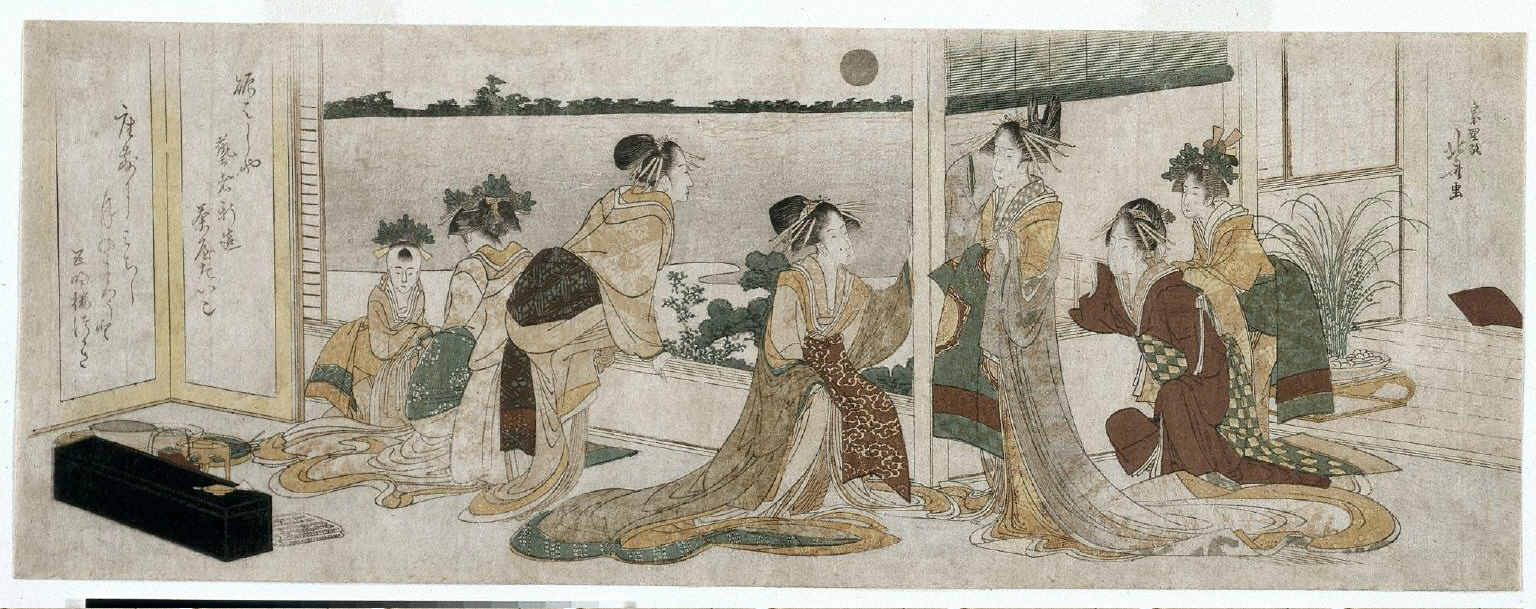 Tsukasa and Other Courtesans of the Ogiya Watching the Autumn Moon Rise Over Rice Fields from a Balcony in the Yoshiwara