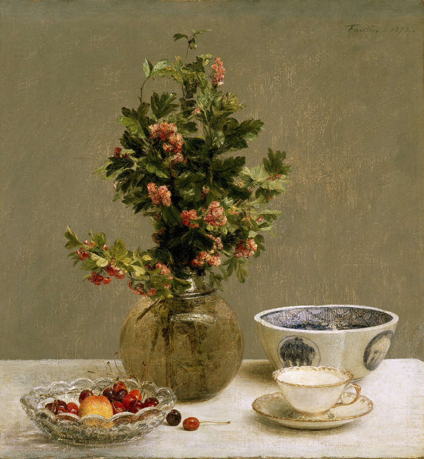 Still Life with Vase of Hawthorn, Bowl of Cherries, Japanese Bowl, and Cup and Saucer