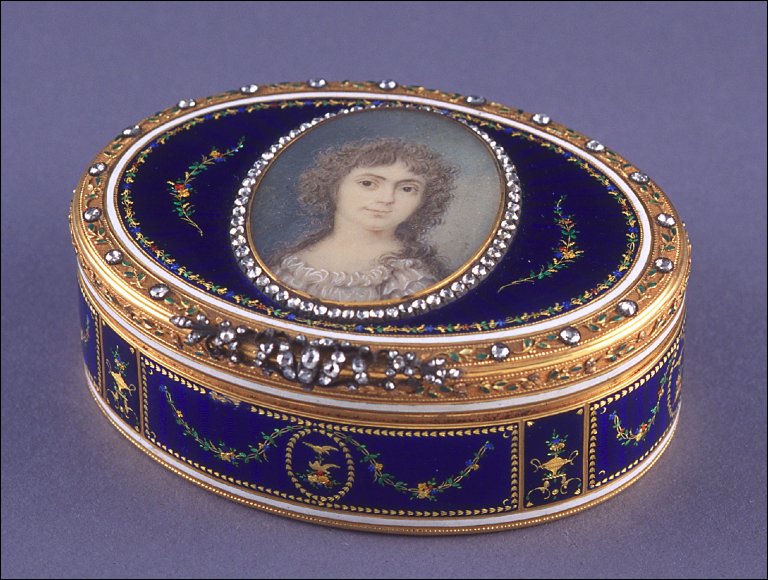 Royal blue enamel snuff box with a miniature of lady on lid rimmed with diamonds