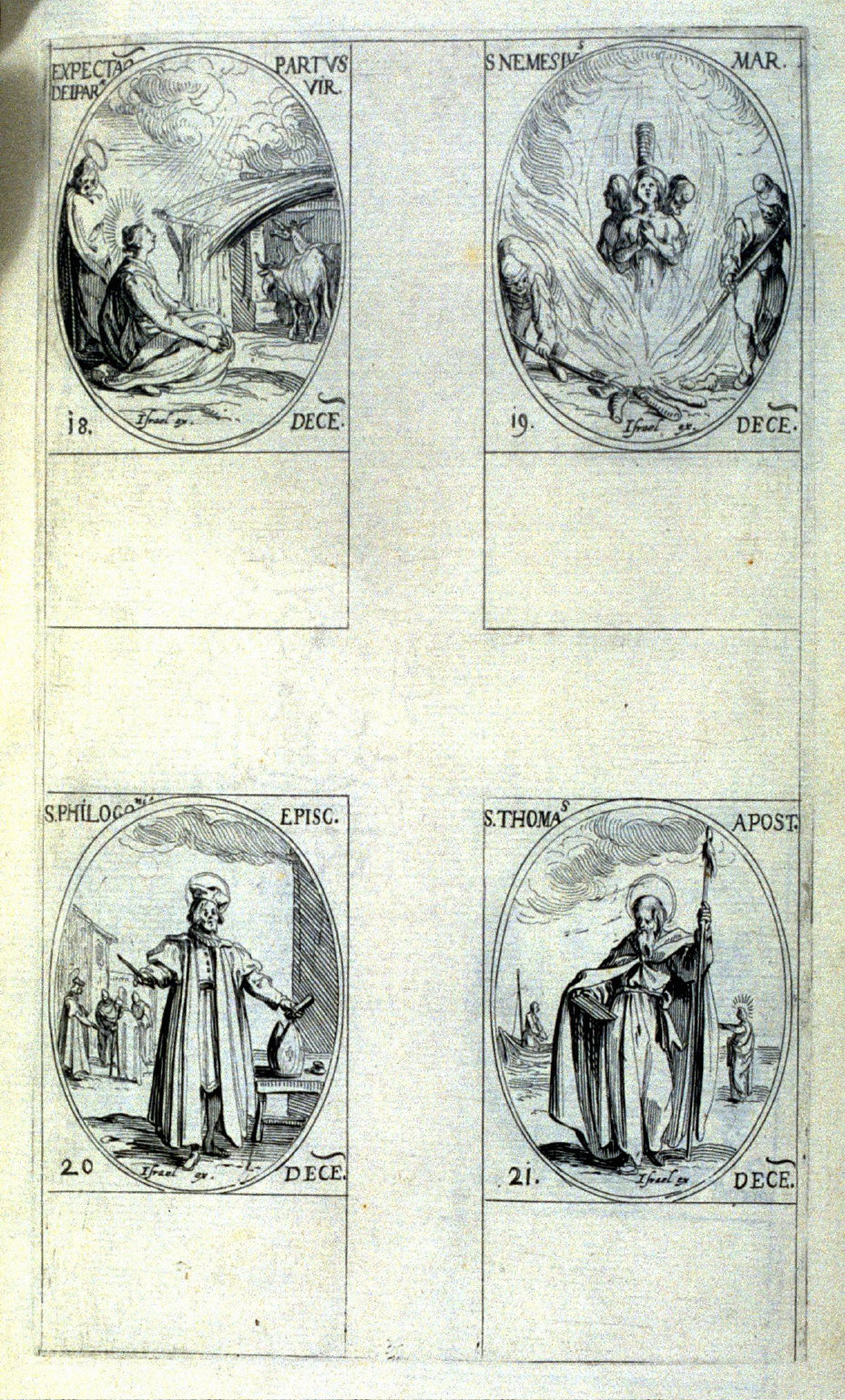 Waiting for the Confinement of the Virgin, December 18; St. Nemesion, Martyr, December 19; St. Philogonius,Bishop, December 20; St. Thomas, Apostle, December 21; one hundred and sixTEENth plate from the book, Les IMAGES DE TOUS/LES SAINCTS ET SAINTES/DE LANNÉE... (Images of All the Saints of the Year...)(Paris: Chez Israël Henriet, 1636)