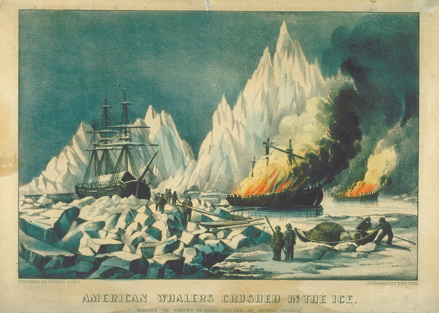 American Whalers Crushed in the Ice. "Burning the wrecks to avoid danger to other vessels".