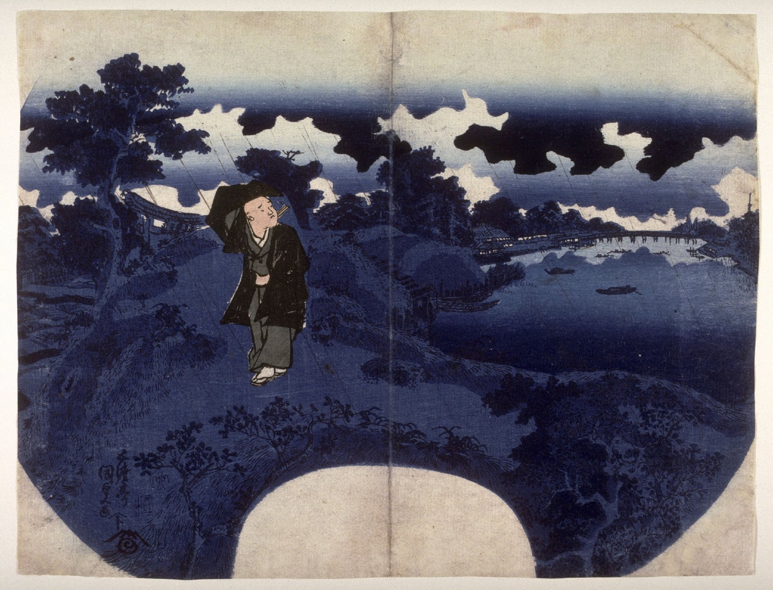 The poet Kikaku walking along the Mimeguri Embankment in rain