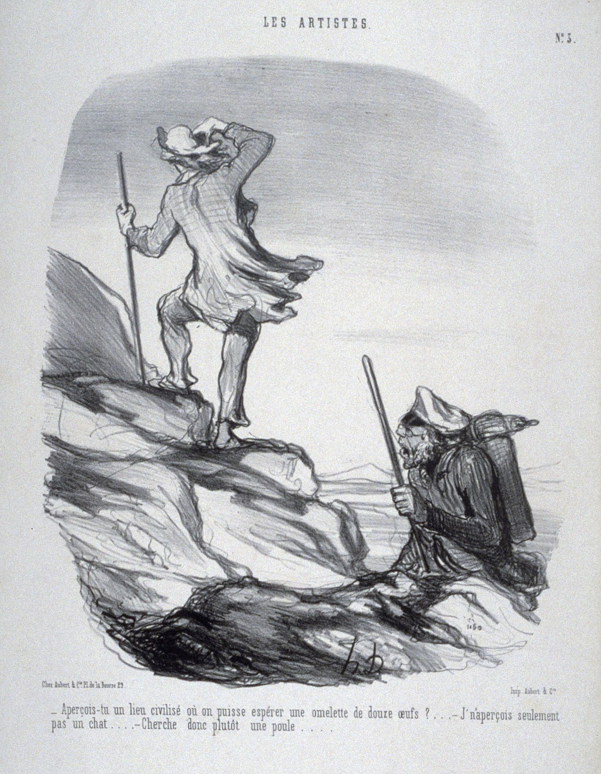 "Aperçois-tu un lieu civilisé où on puisse espérer une omelette de douze oeufs?...", "J'n'aperçois seulement pas un chat....", "Cherche donc plutôt une poule...." no. 3 from the series Les artistes