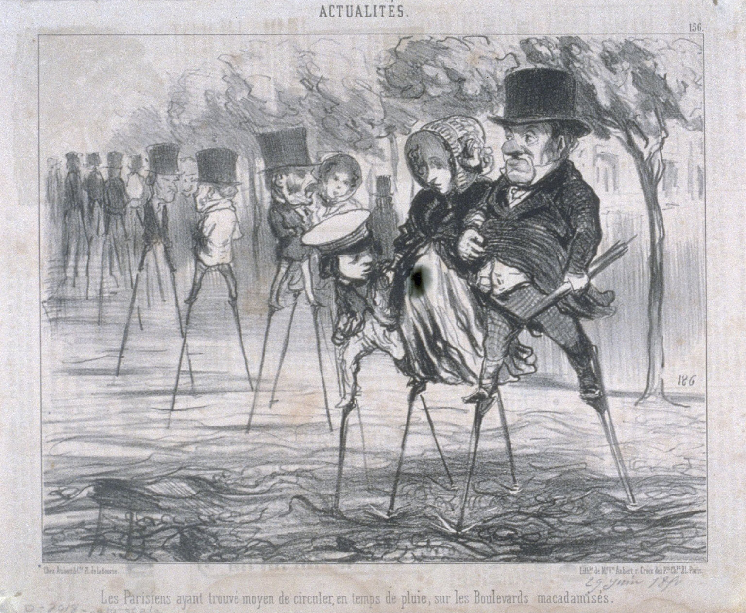 Les Parisiens ayant trouvé le moyen de circuler, en temps de pluie, sur les Boulevards macadamisés. no. 156 of the series Actualités published in Le Charivari 29 June 1850