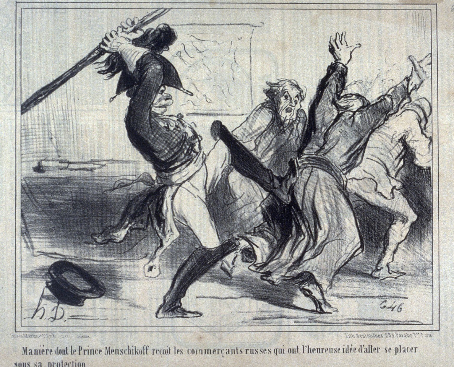 Manière dont le Prince Menschikoff reçoit les commerçants russes qui ont l'heureuse idée d'aller se placer sous sa protection no. 67 of the series Actualités published in Le Charivari 12 June 1854