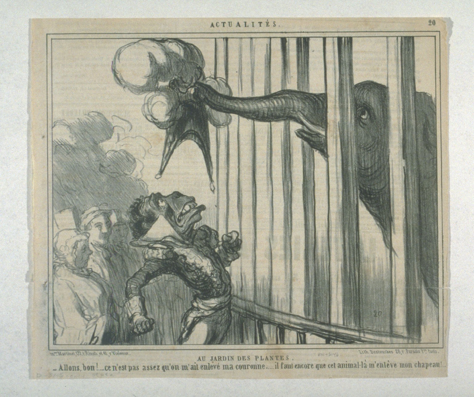 Au jardin des plantes./ _Allons, bon!... ce n'est pas assez qu'on m'ait enlevé ma couronne..... il faut encore que cet animal-là m'enlève mon chapeau!... no. 20 of the series Actualités published in Le Charivari 19 March 1859