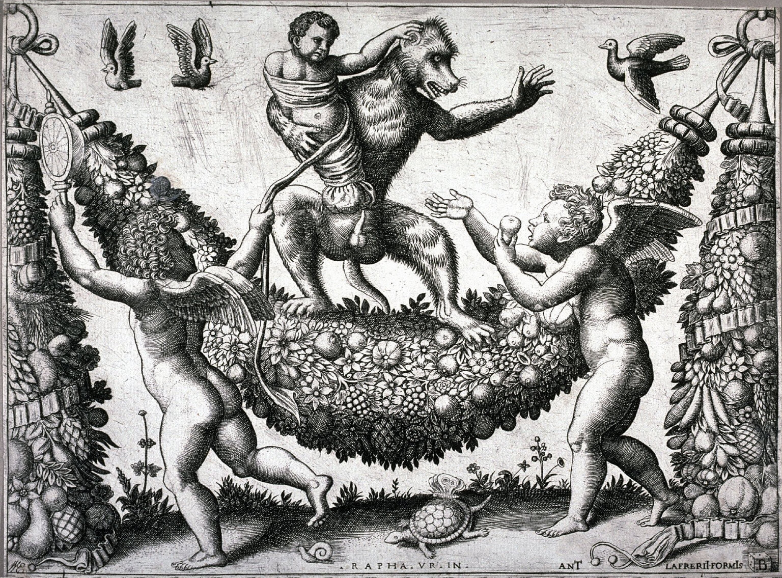 Two Cupids Mocking a Monkey, after designs for the papal tapestries