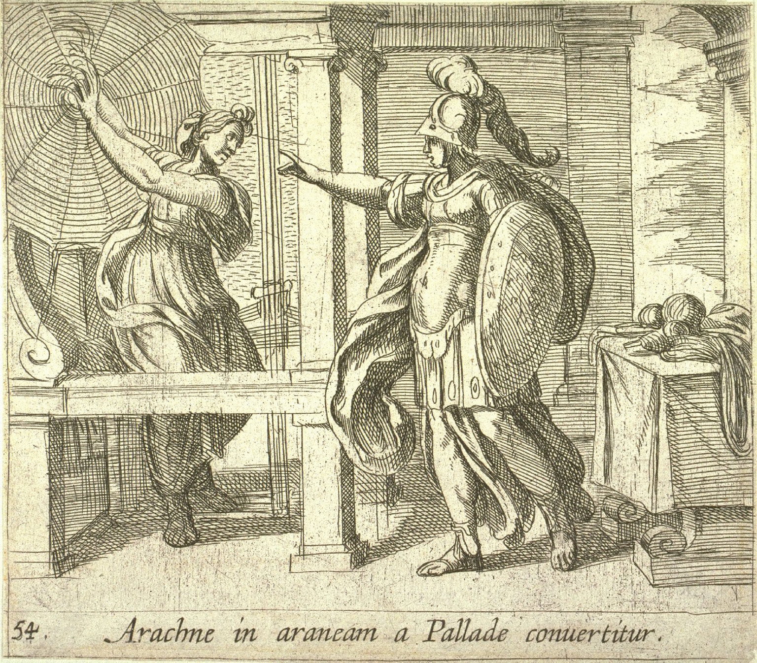 Arachne in araneam a Pallade convertitur (Athena Changing Arachne into a Spider), pl. 54 from the series Ovids Metamorphoses