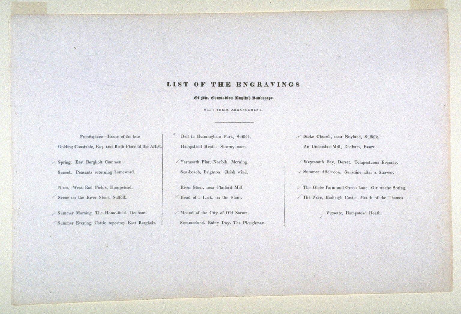 List of the Engravings in the album, Various Subjects of Landscape, Characteristic of English Scenery (London: John Constable, 1830-[1832]