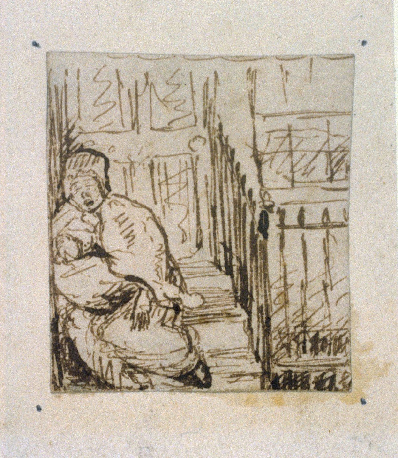 Untitled [Woman with baby sitting on doorstep]