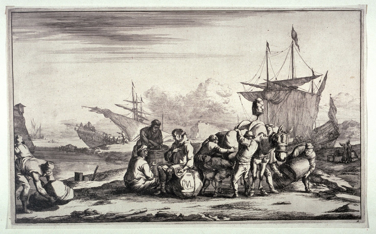 [One from] Set of four Marine and Harbour scenes: 1 In center man pointing towards figure of Neptune riding Dolphin, sailing vessels being loaded in background