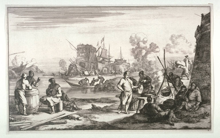 [One from] Set of four Marine and Harbour scenes: 1 In center man pointing towards figure of Neptune riding Dolphin, sailing vessels being loaded in background