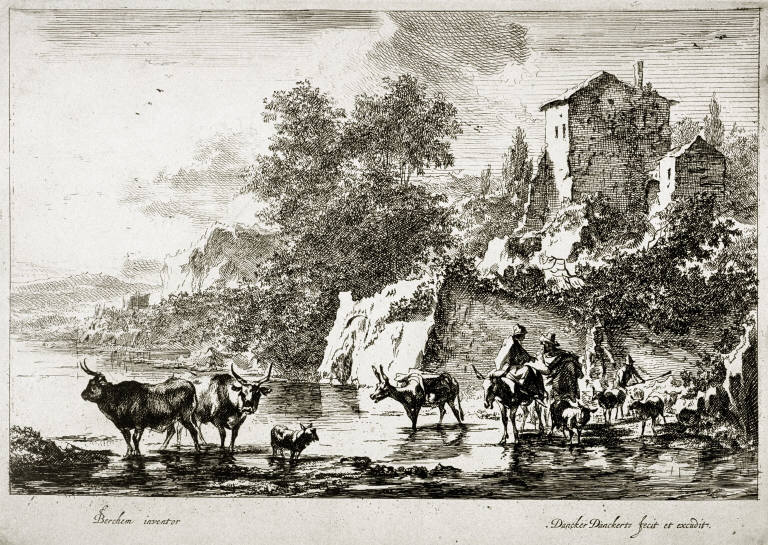 One of six landscapes:[Mules and cows in river]