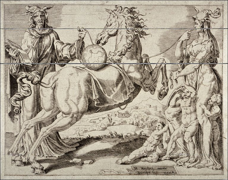 Horse with a Globe upon his Back, with Charity, pl.2 from a set of four Allegories of the Unbridled World