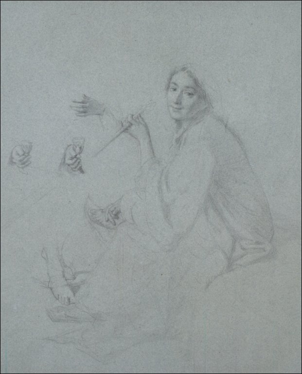 Seated figure of a woman with sketches of hands and feet