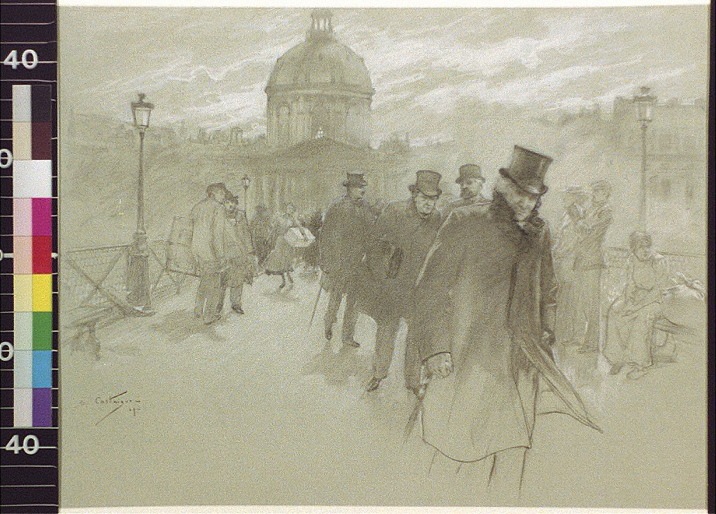 Members of the French Academy, the Académie francaise, after a session, crossing the Pont des Arts from the Institute