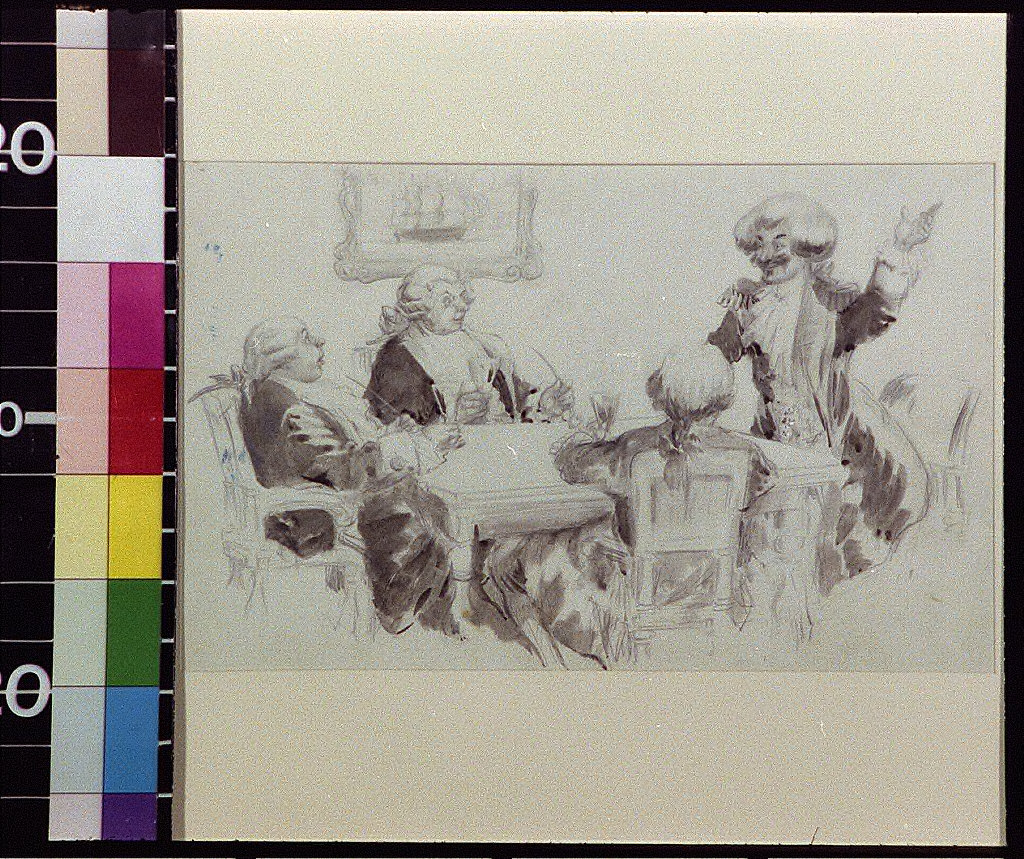 Man in peruke smiling and beginning a story, while three men listen at table