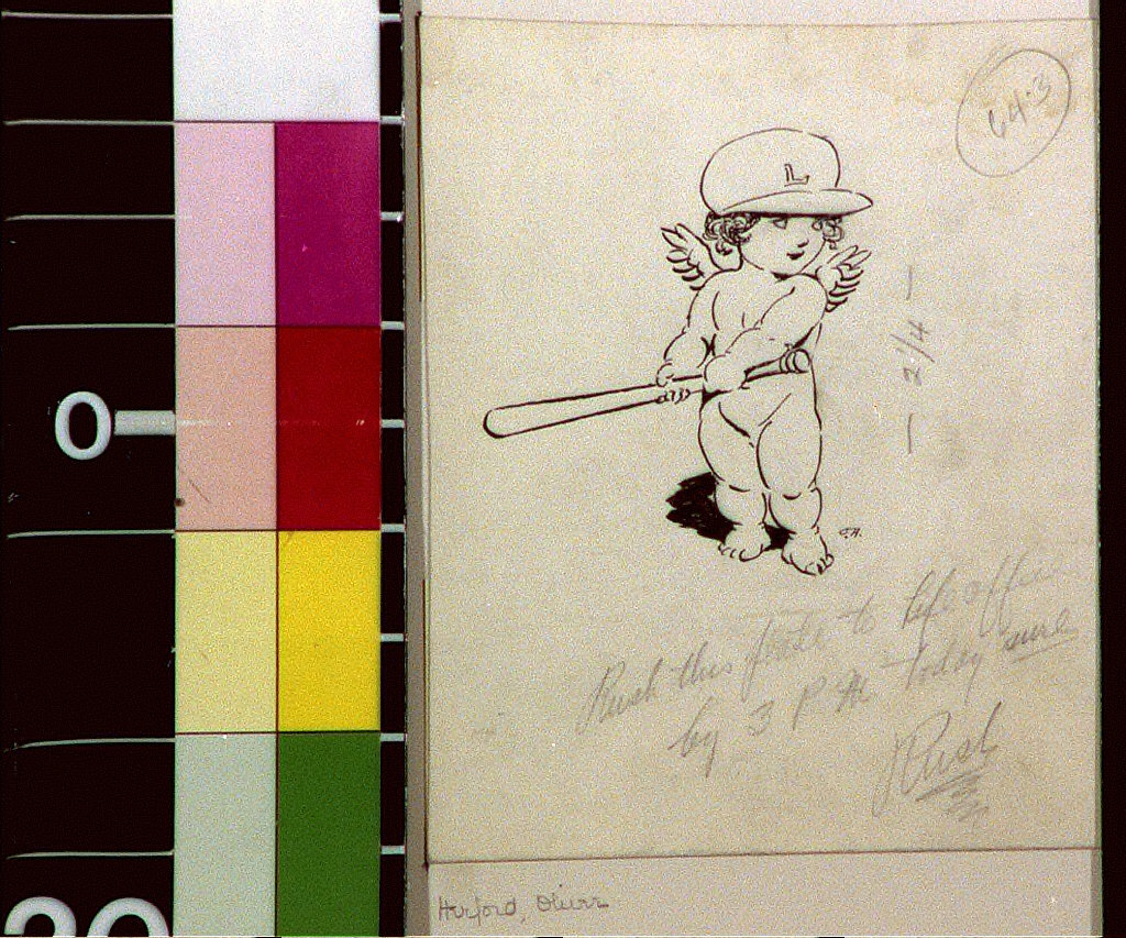 Cherub in baseball cap holding bat